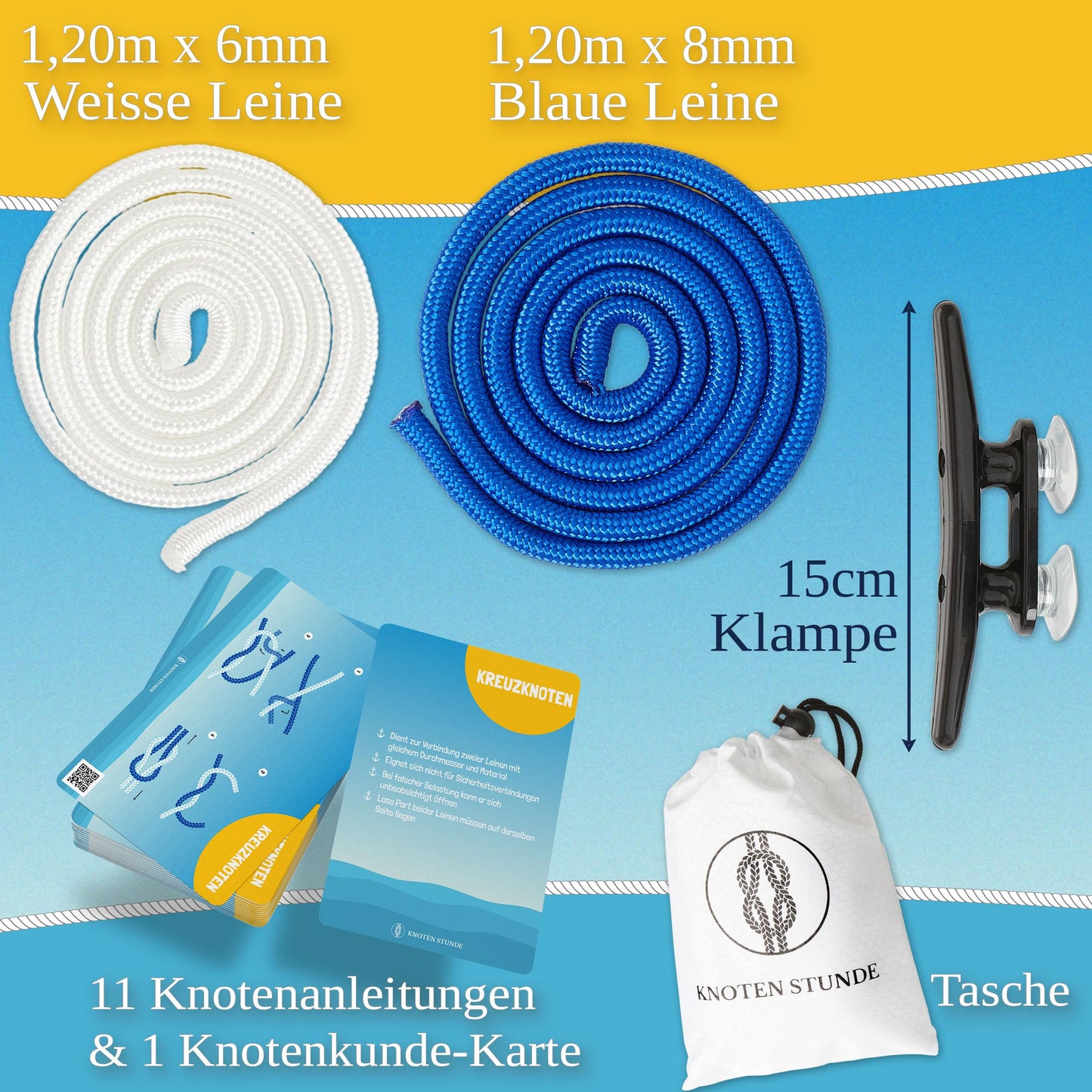 Knoten Übungsset für den SBF See/Binnen & SKS - 11 Knoten inkl. Roringstek